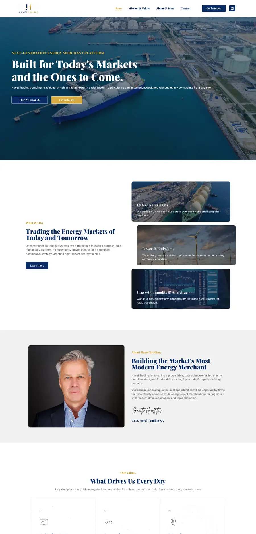 Page d’accueil complète du site Havel Trading