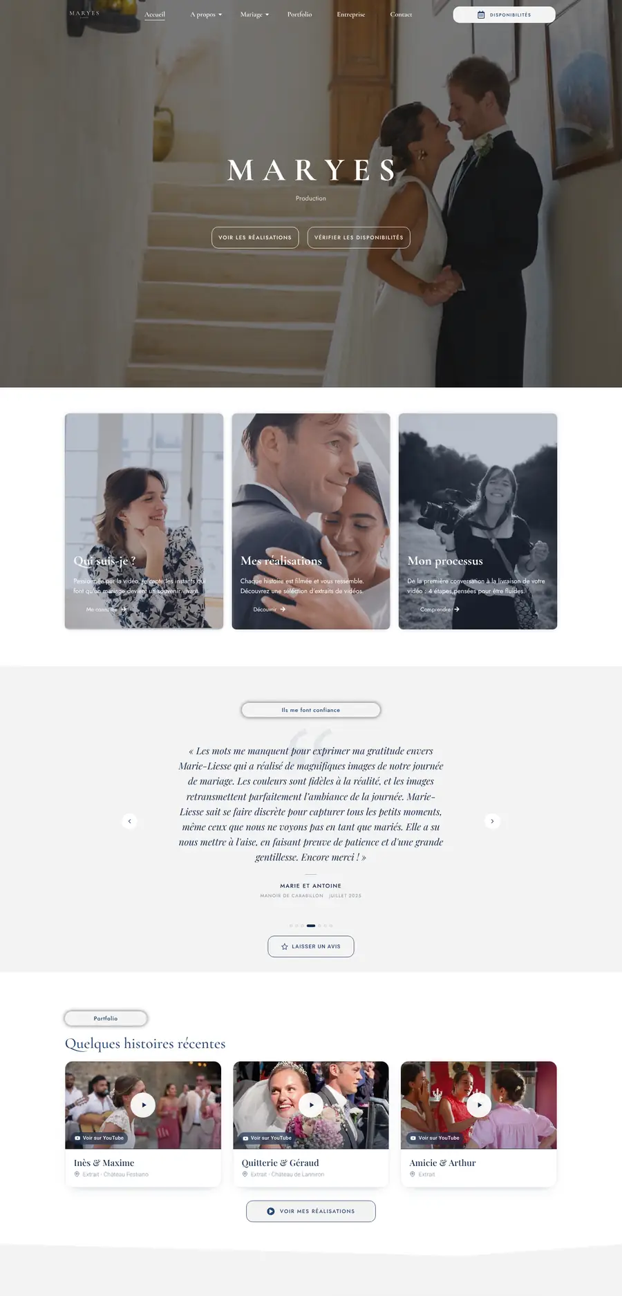 Page d’accueil complète du site Maryes Vidéo