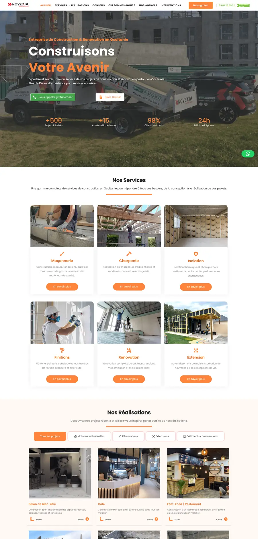 Page d’accueil complète du site Novexia Construction