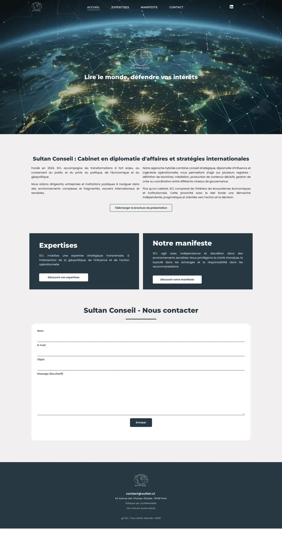 Page d’accueil complète du site Sultan Conseil & Leviers