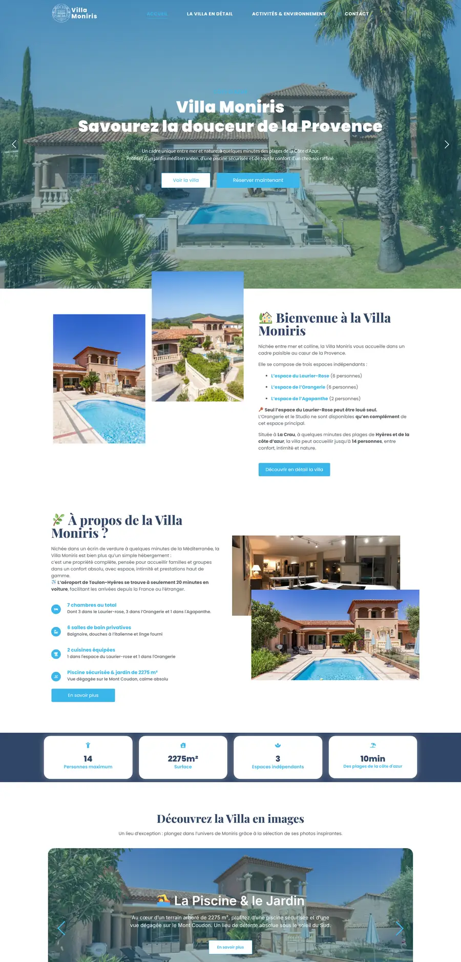 Page d’accueil complète du site Villa Moniris