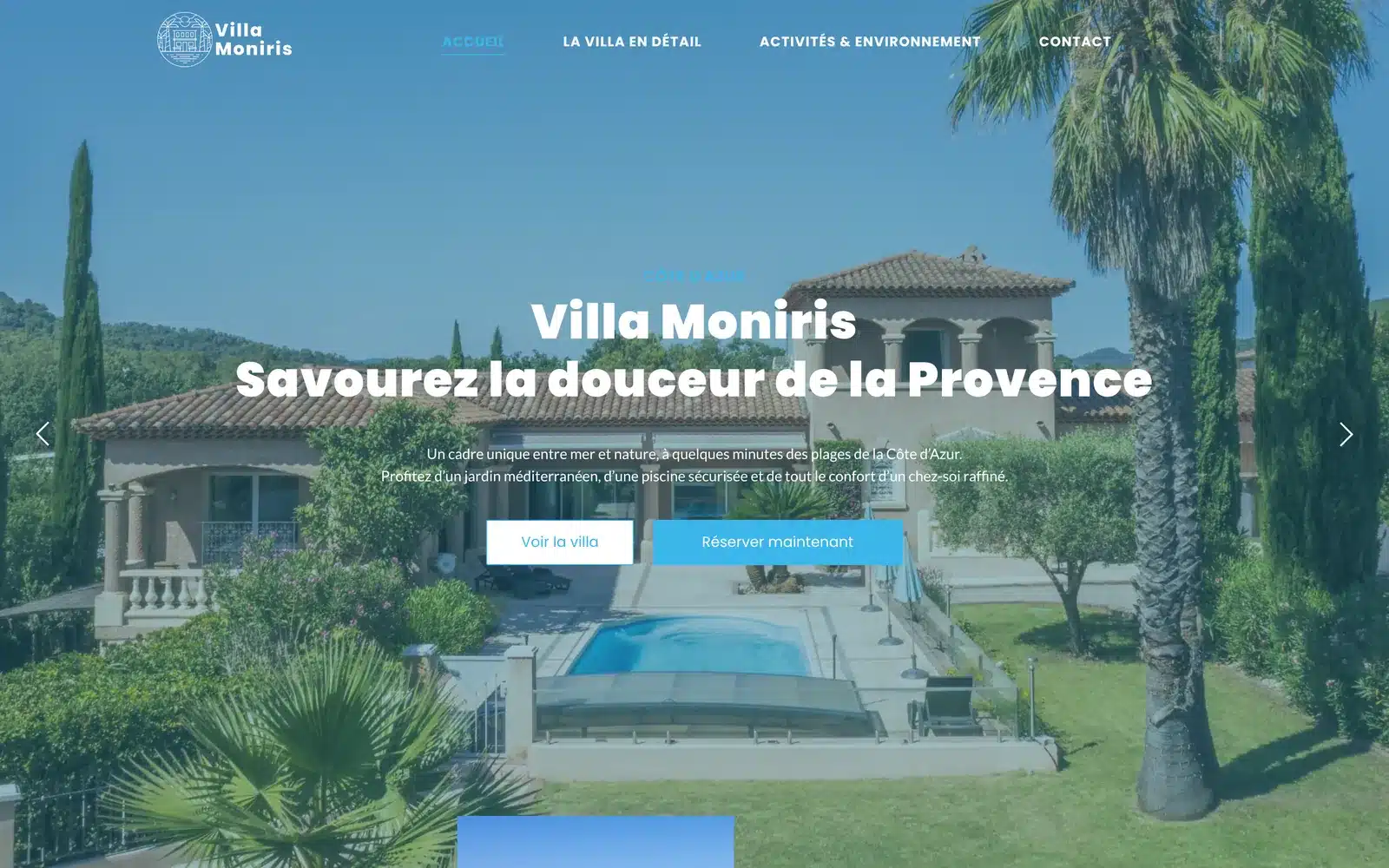 Page d’accueil du site Villa Moniris
